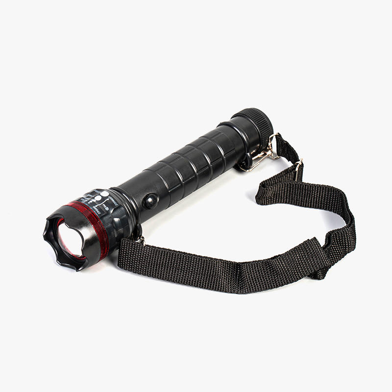 Short warning light zoomable flashlight with shoulder strap